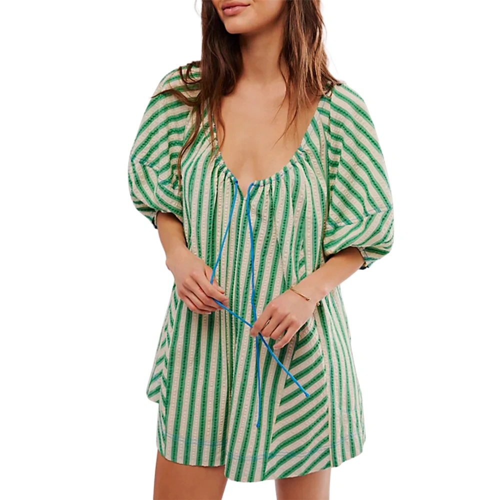 Women Boho Jumpsuit Half Sleeve Sweetheart Neck Tie Up Stripe Playsuit