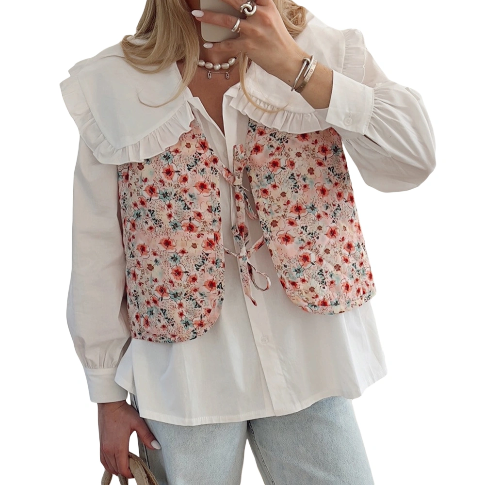 Women's Floral/Fruit Print Vest Tops Bow Tie Closure Waistcoat