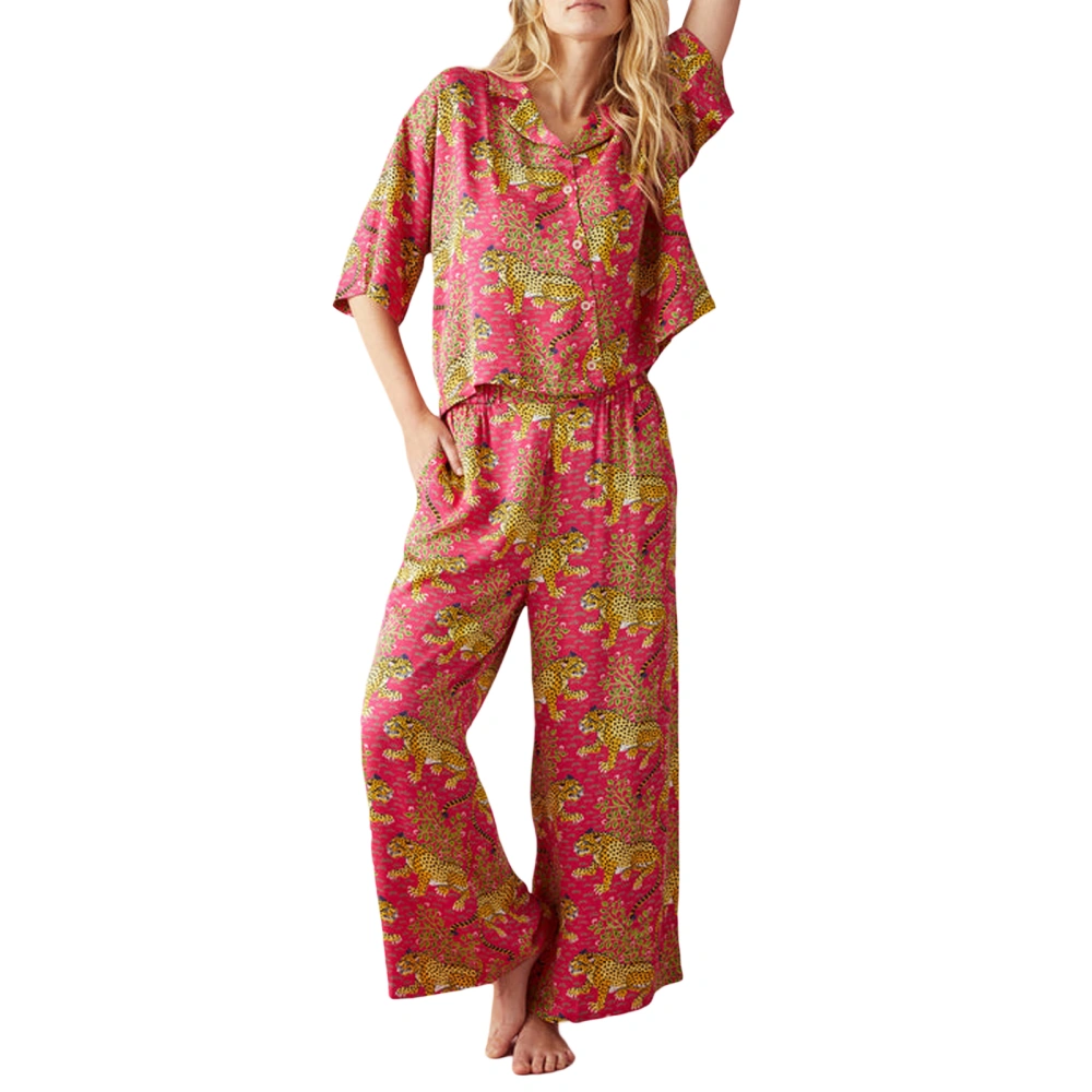 Women Pajama Set, Cheetah Print Half Sleeve Tops Pants with Pockets