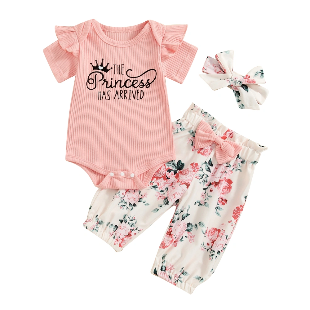 Baby Girls Summer Outfit Letter Print Romper and Floral Pants Headband