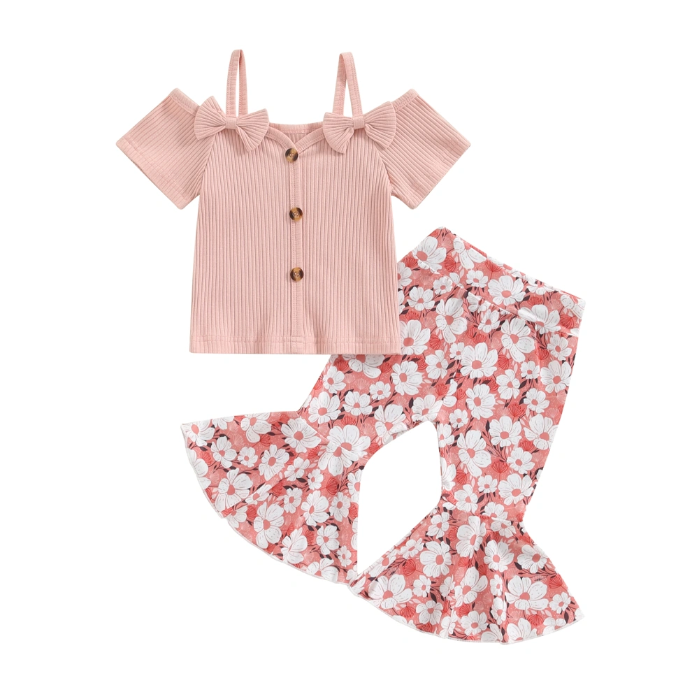 Kid Girls Pants Set Short Sleeve T-shirt with Flower Print Flare Pants