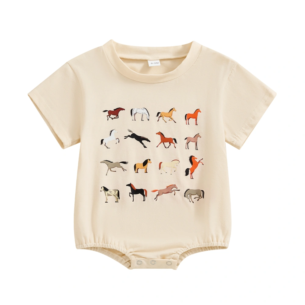 Baby Girl and Boy Romper Horse Print Round Neck Short Sleeve Jumpsuit 