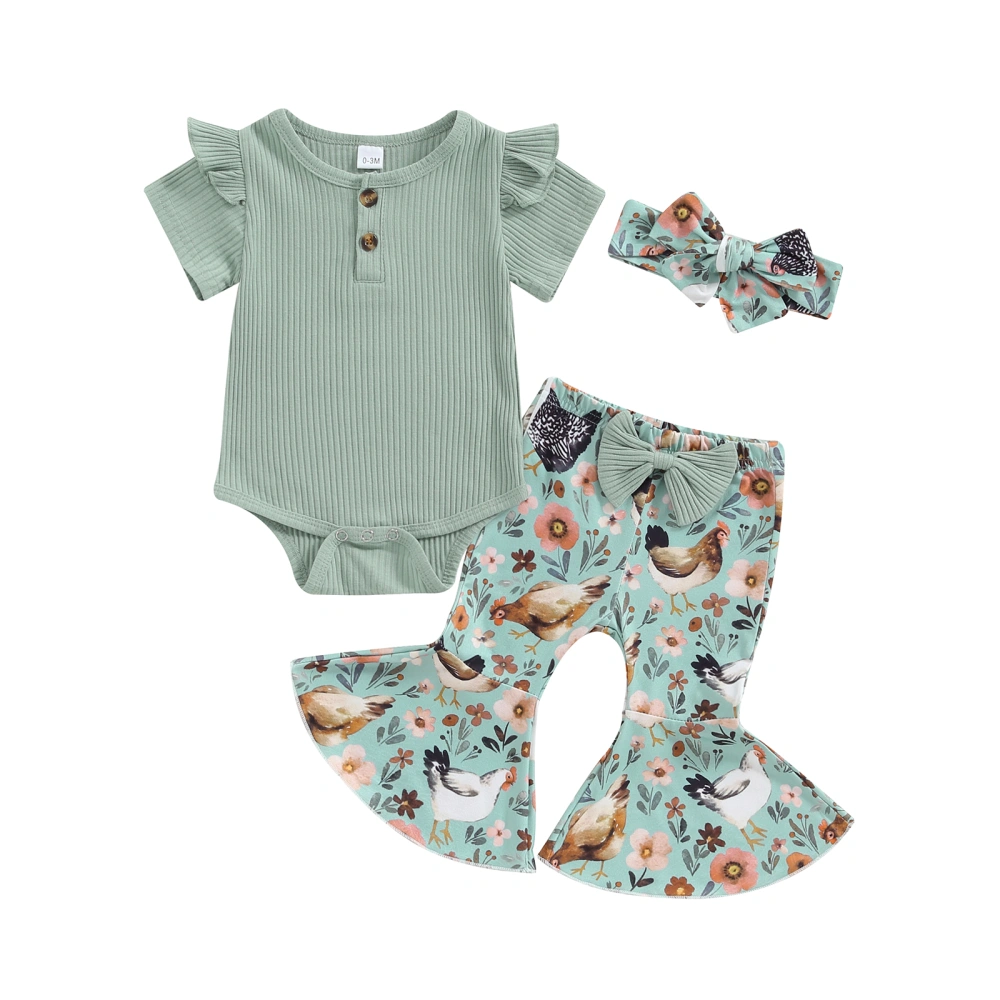 Baby Girl Romper Outfit Short Sleeve Jumpsuit Flare Pants Headband