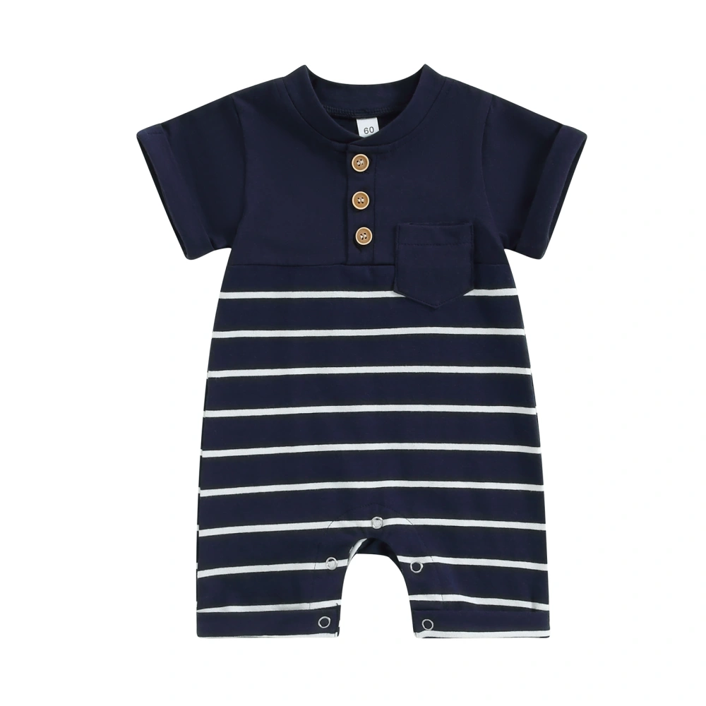 Boys Summer Button Romper Short Sleeve Crew Neck Stripe Print Jumpsuit