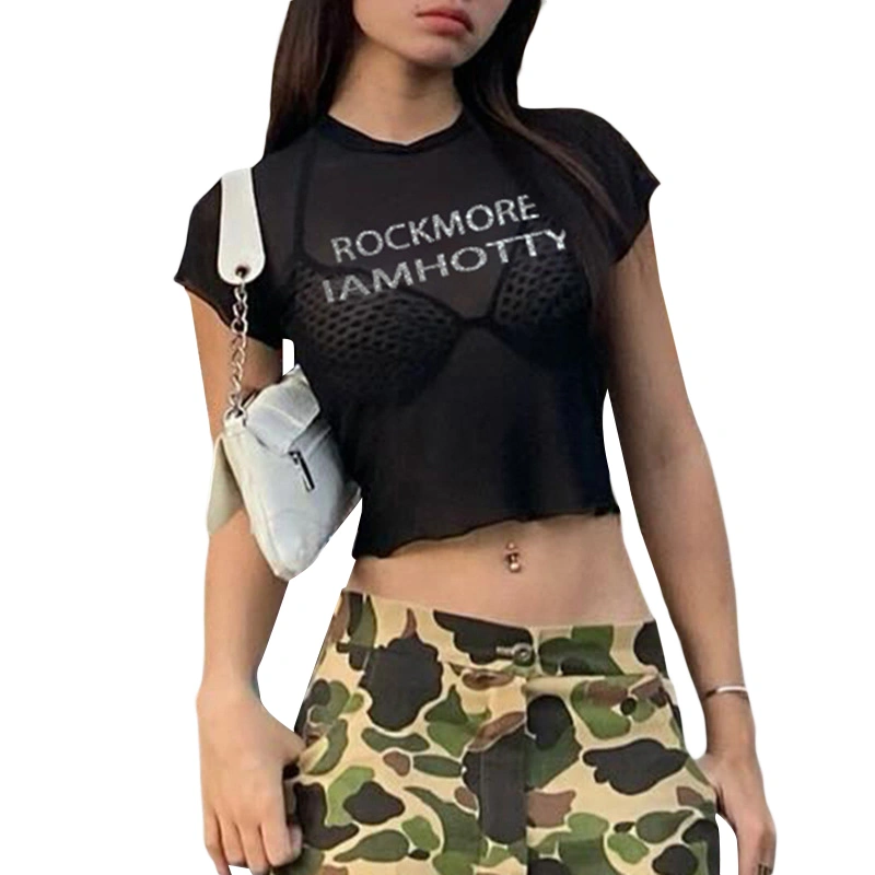 Women Basic Sheer Mesh T-Shirts Shiny Letter Print Short Sleeve Tops