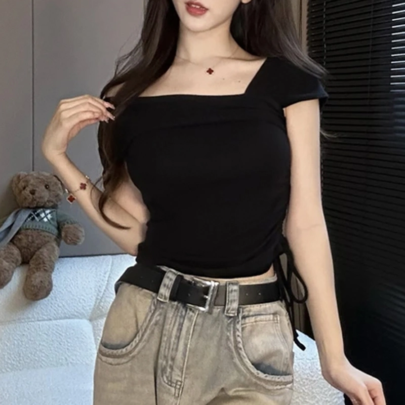 Women Basic Off-the-Shoulder T-Shirts Asymmetrical Short Sleeve Tops