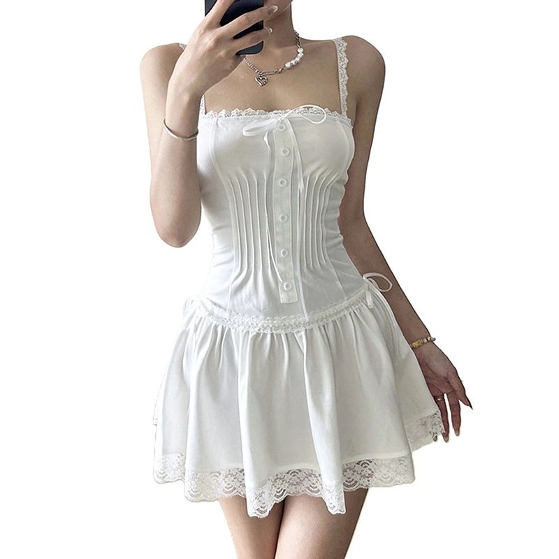 Women’s Lace Dress Summer Sleeveless Button Front A-Line Dress