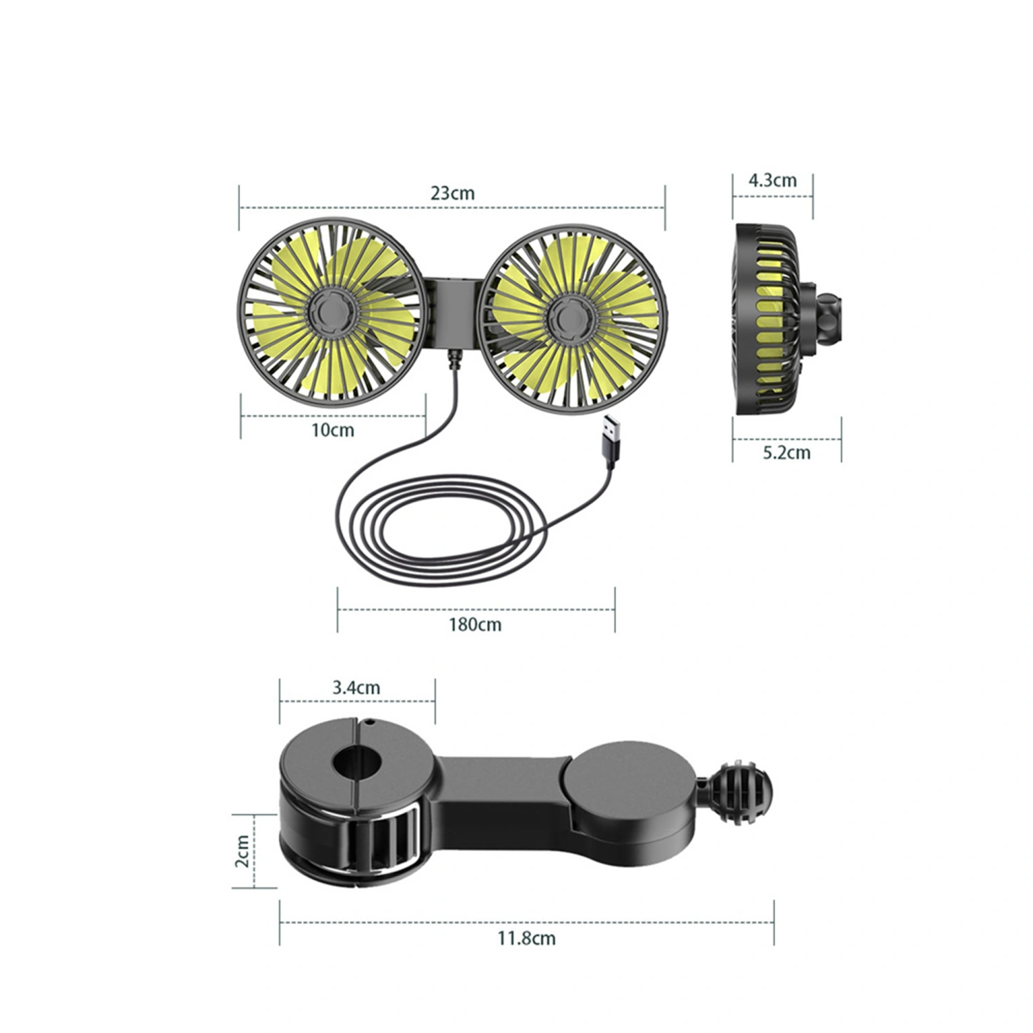 Car USB Fan with 3 Speed for Backseat, Dual Head Rotatable Fan