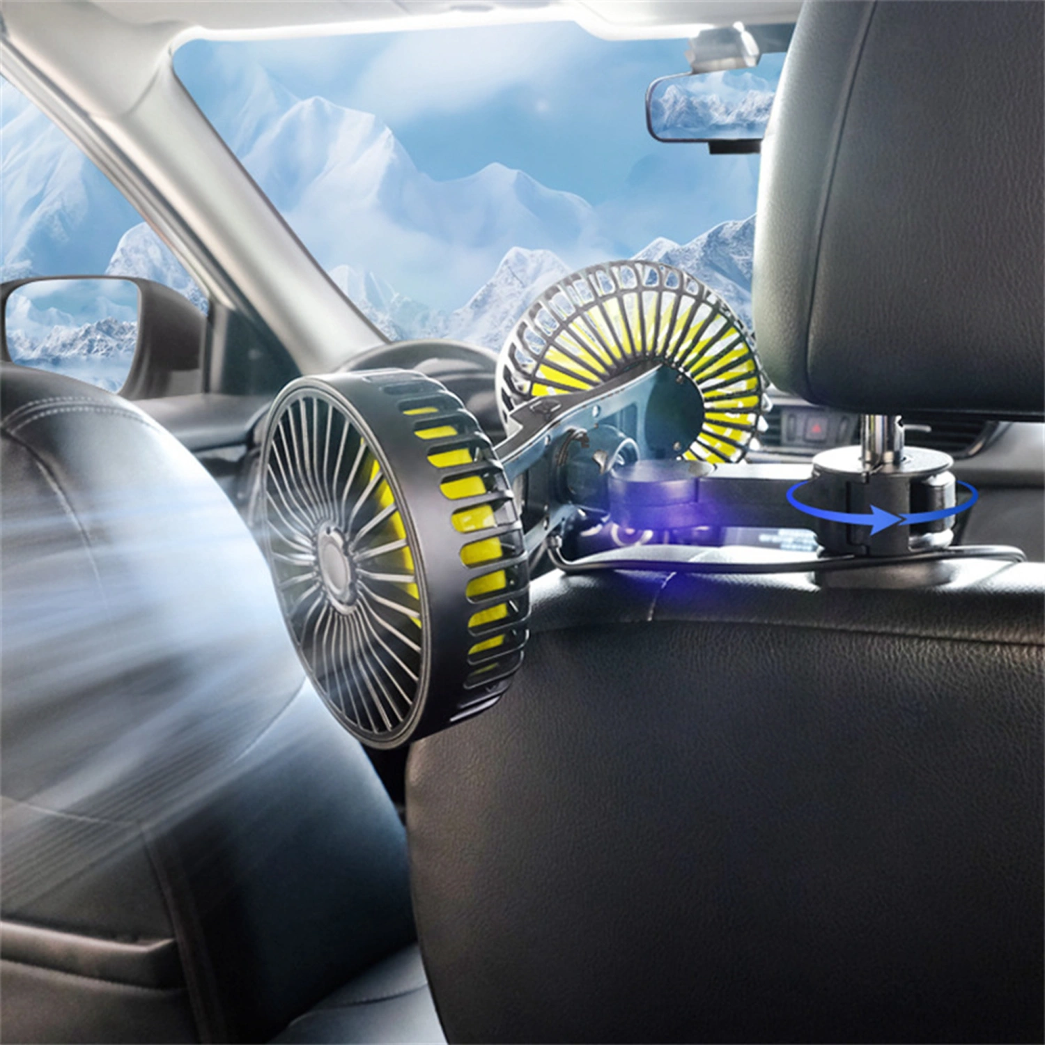 Car USB Fan with 3 Speed for Backseat, Dual Head Rotatable Fan