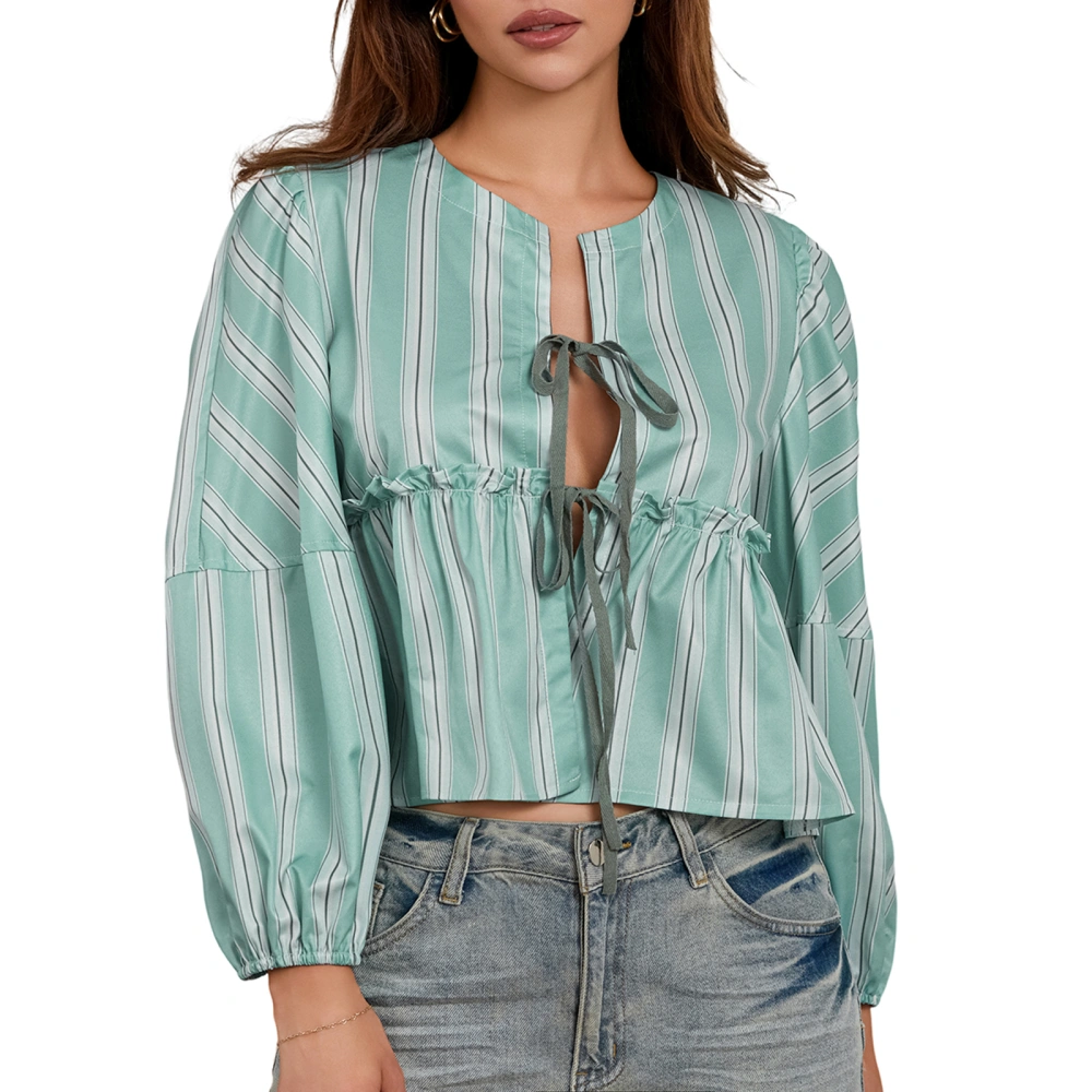 Women Babydoll Tops Striped Collared Tie-Up Long Sleeve Ruffled Blouse