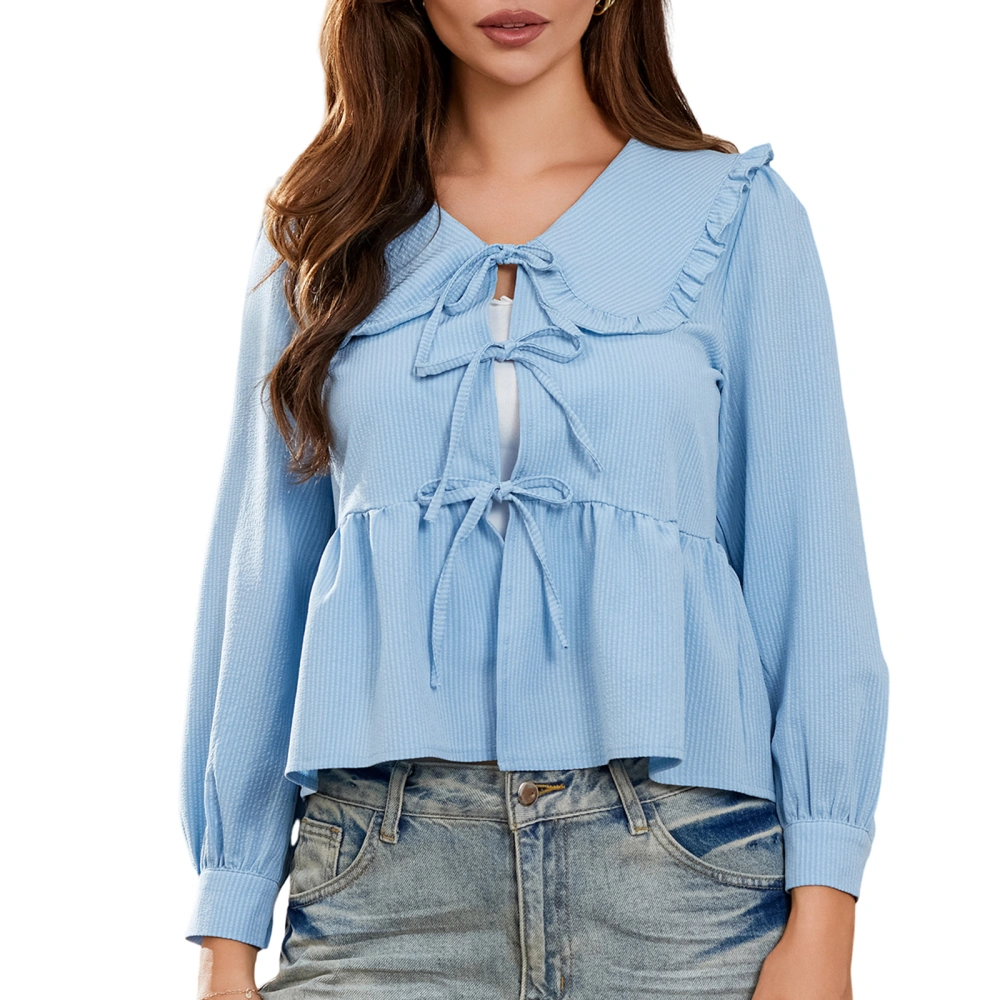 Women Long Sleeve T-Shirt Loose Front Tie-Up Doll Collar Ruffled Tops 