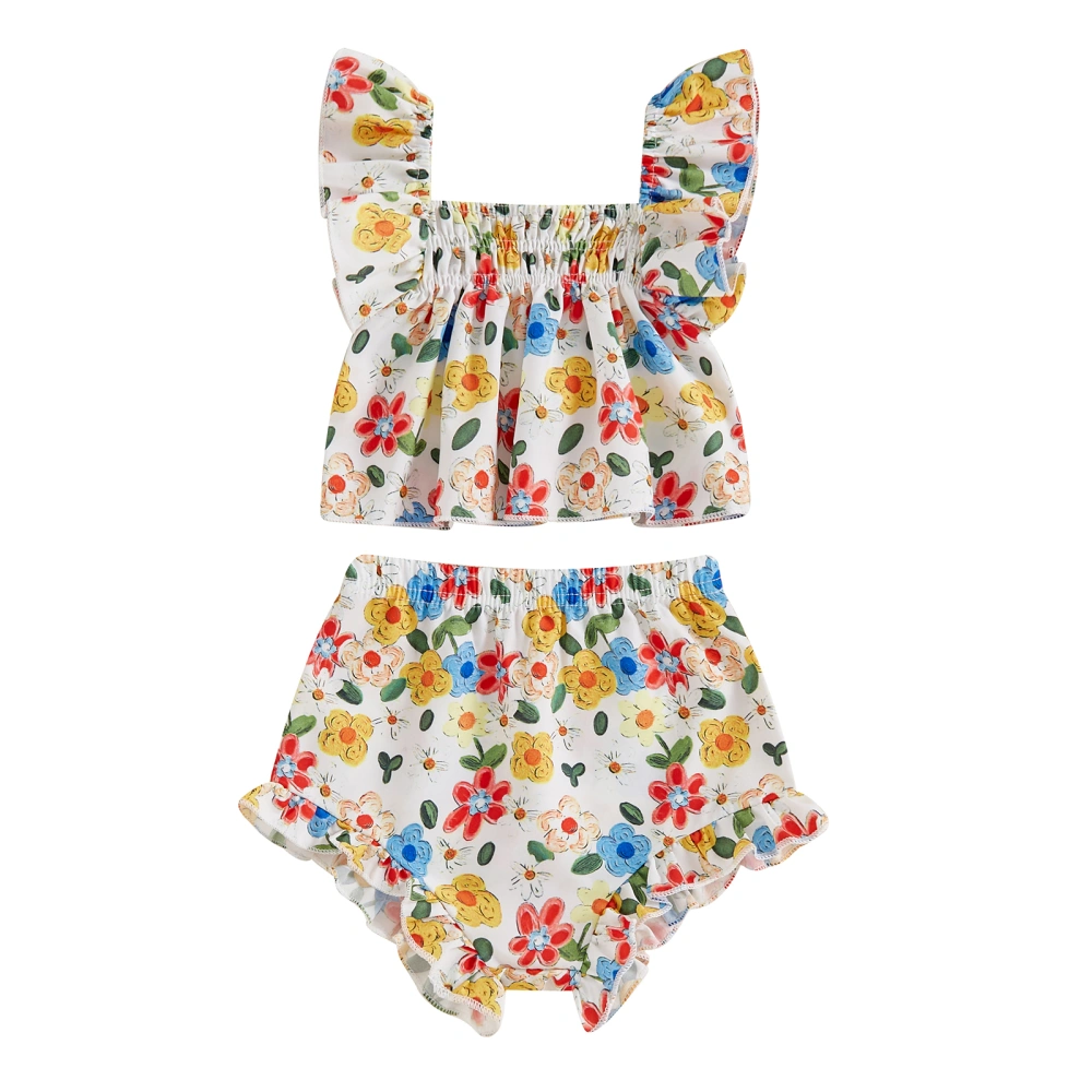 Baby Girl Outfits Floral Print Fly Sleeves Tank Tops Ruffled Shorts