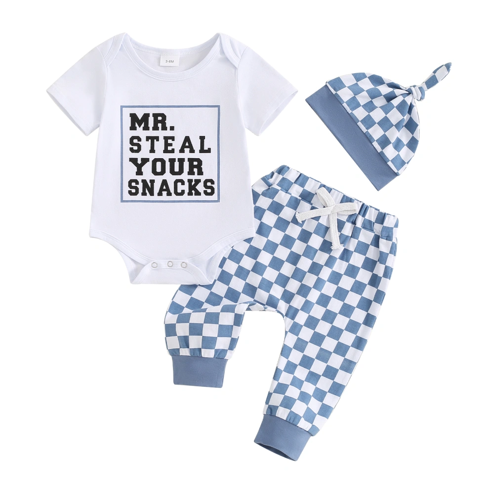 Boys 3PCS Outfit Sets Letter Print Romper Checkerboard Print Pants Hat