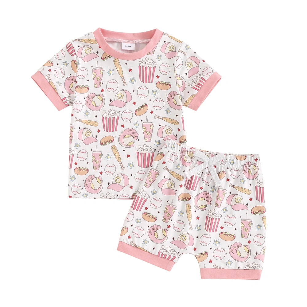 Girls 2PCS Sets Short Sleeve Baseball Popcorn Hat Print T-shirt Shorts