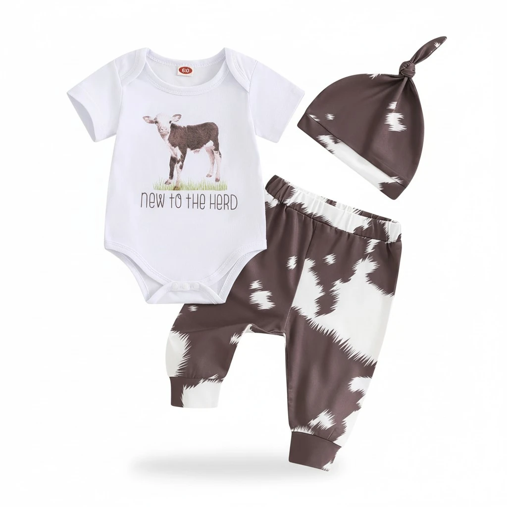 Baby Boys Set Cow Letter Print Romper Contrast Color Pants Hat Outfits
