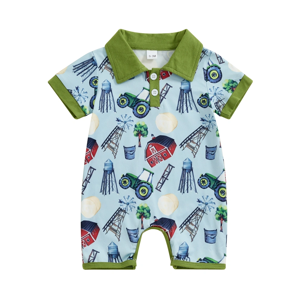 Boys Button Romper Short Sleeve Lapel Western Elements Print Jumpsuit