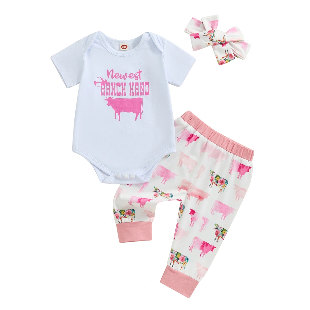 Baby Summer Western Outfit Cow Print Romper and Pants Headband/Hat