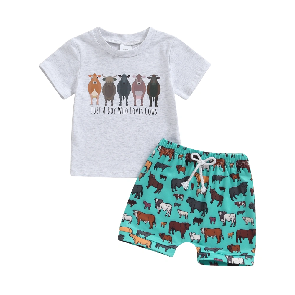 2Pcs Baby Boy Western Outfits Short Sleeve Cow Print Tops + Shorts Set