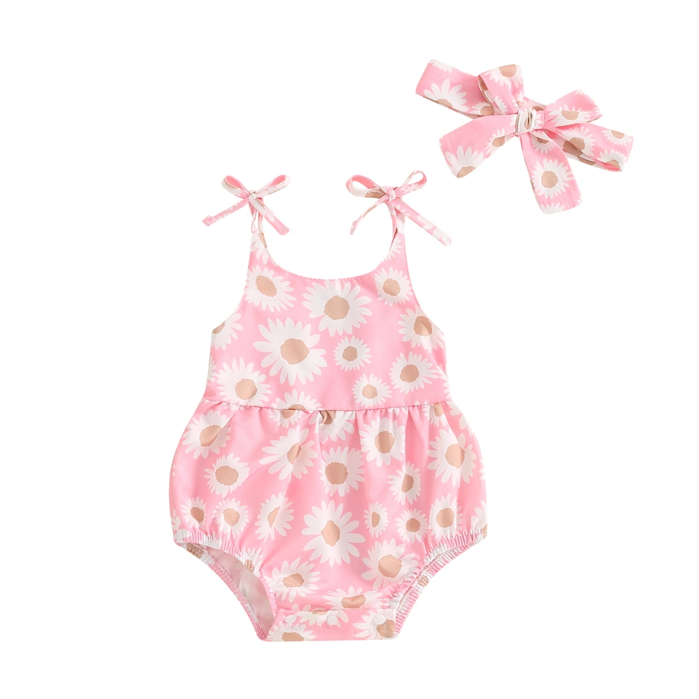 Baby Girls Rompers Floral Print Tie-Up Strap Bodysuits with Headband