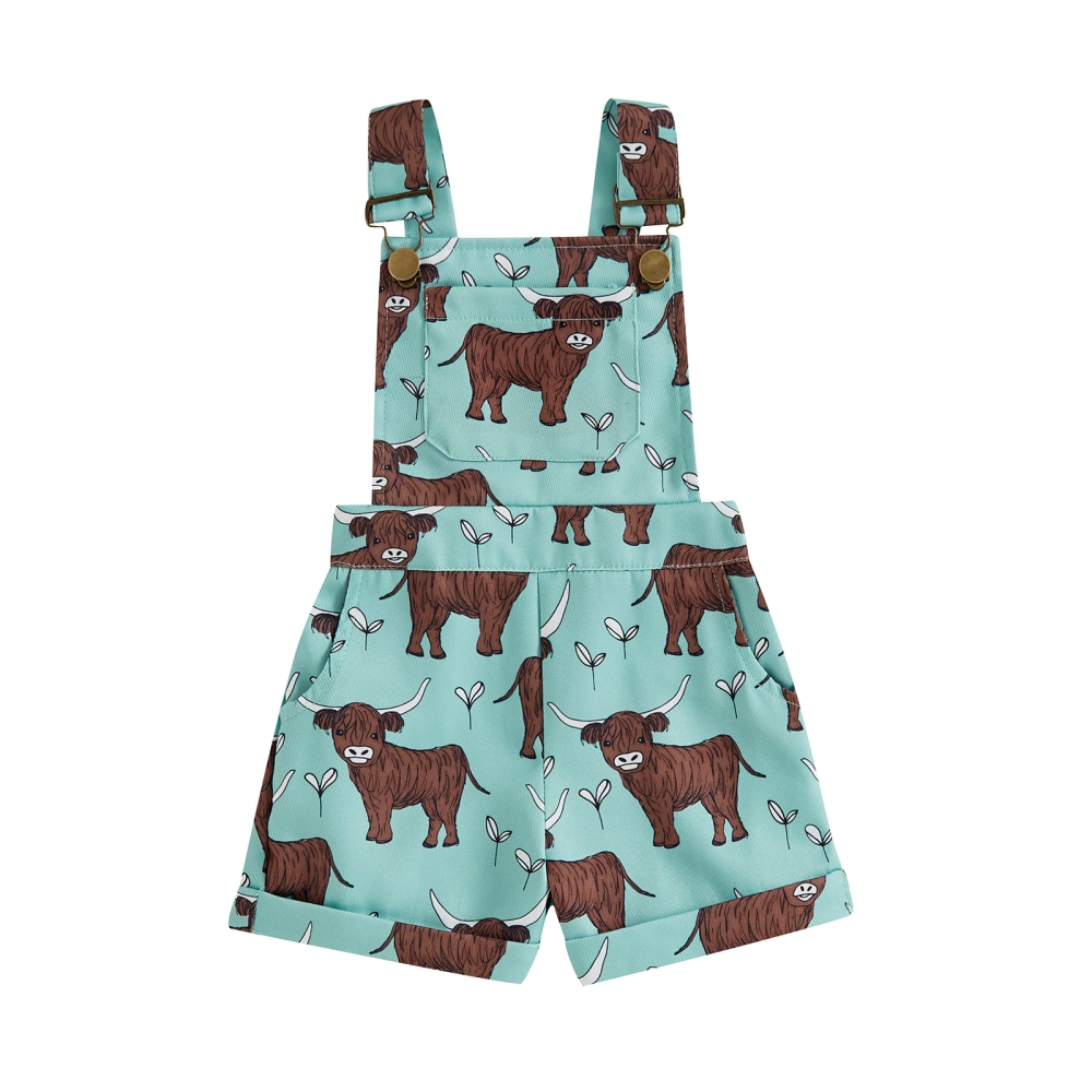 Kids Yak Print Overalls Pockets Legs Hemming Short Jumpsuits