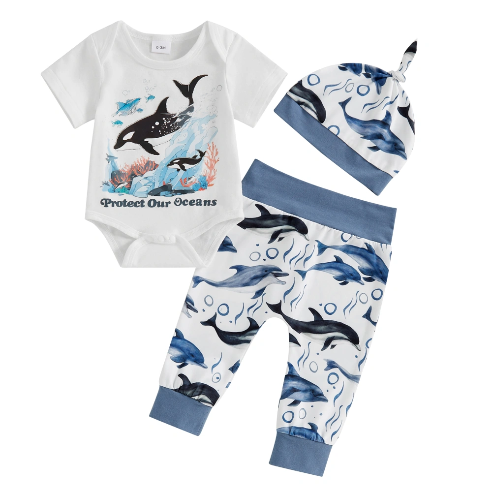 Baby Boy Summer Outfit Letter Sea Animal Print Romper and Pants Hat