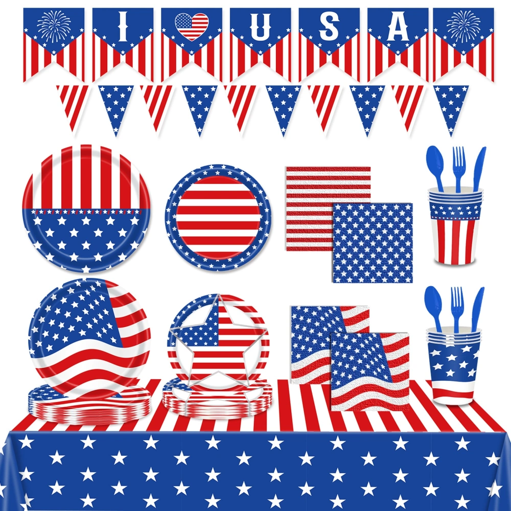 4th of July Tableware Set, Disposable Stars Stripes Banner Tablecloth