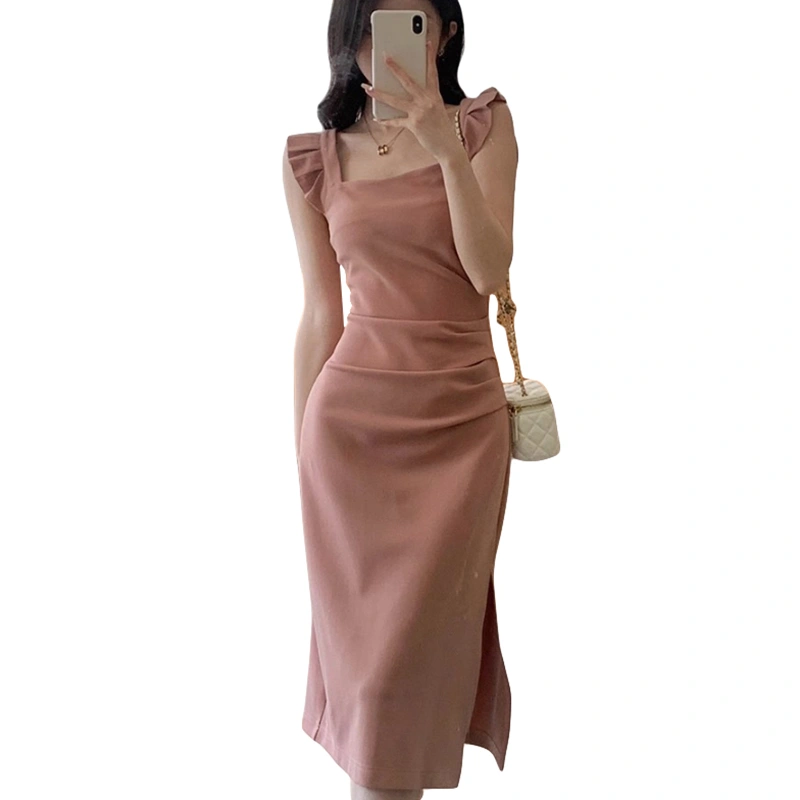 Women Midi Dress, Elegant Fly Sleeve Square Neck Pleated Slit Dress