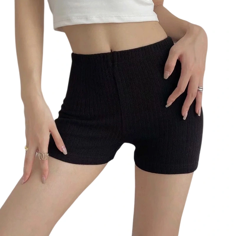 Women High Waist Shorts Elastic Waistband Solid Color Knit Shorts