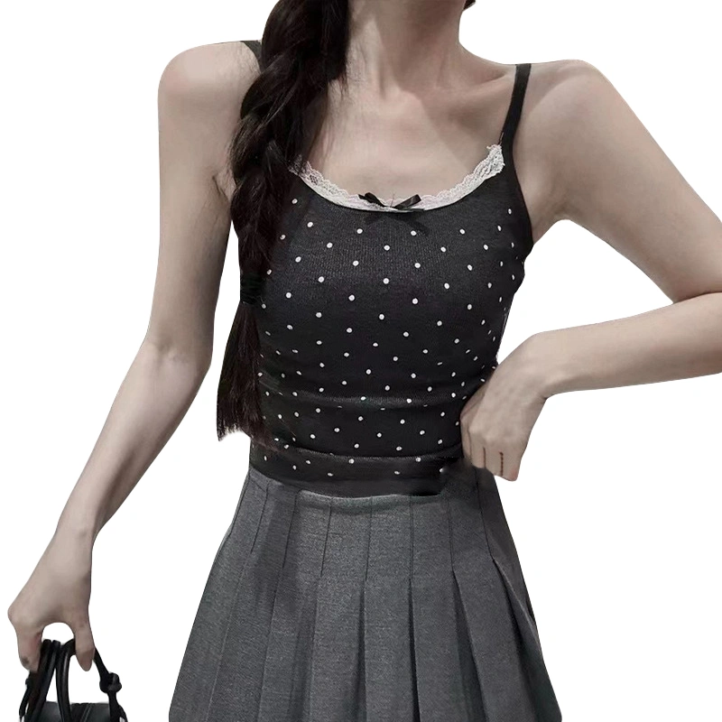 Women's Dot Camisole Mini Bowknot Front Spaghetti Strap Cropped Tops