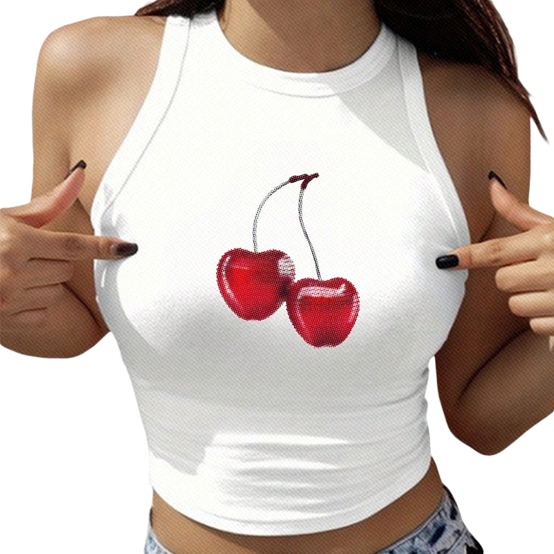 Women Fitted Tank Tops Sleeveless Round Neck Cherry Print Vest