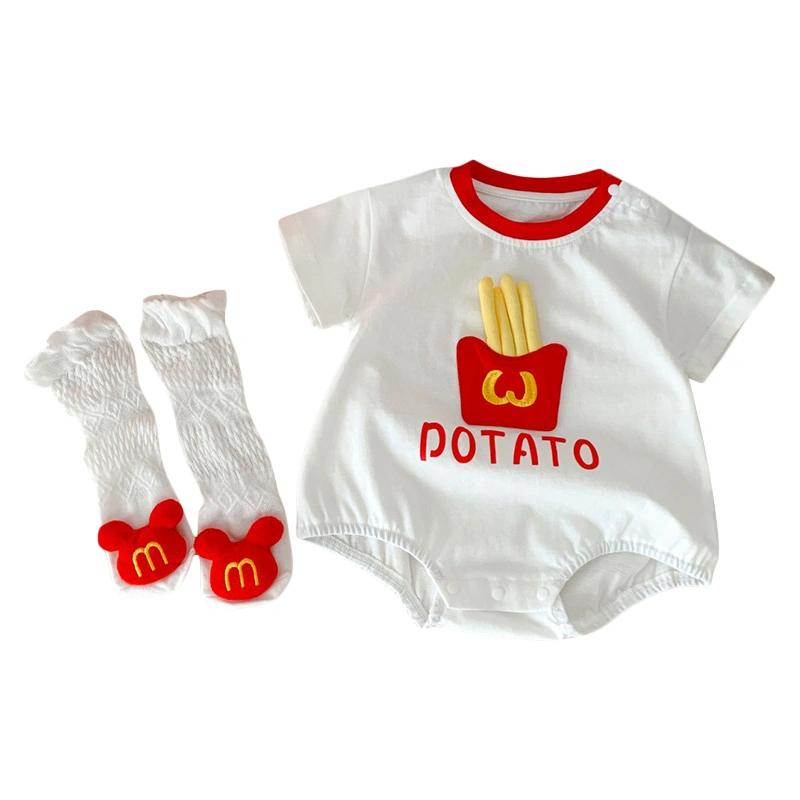 Baby Romper Short Sleeves Letter Print 3D French Fries Jumpsuit Socks