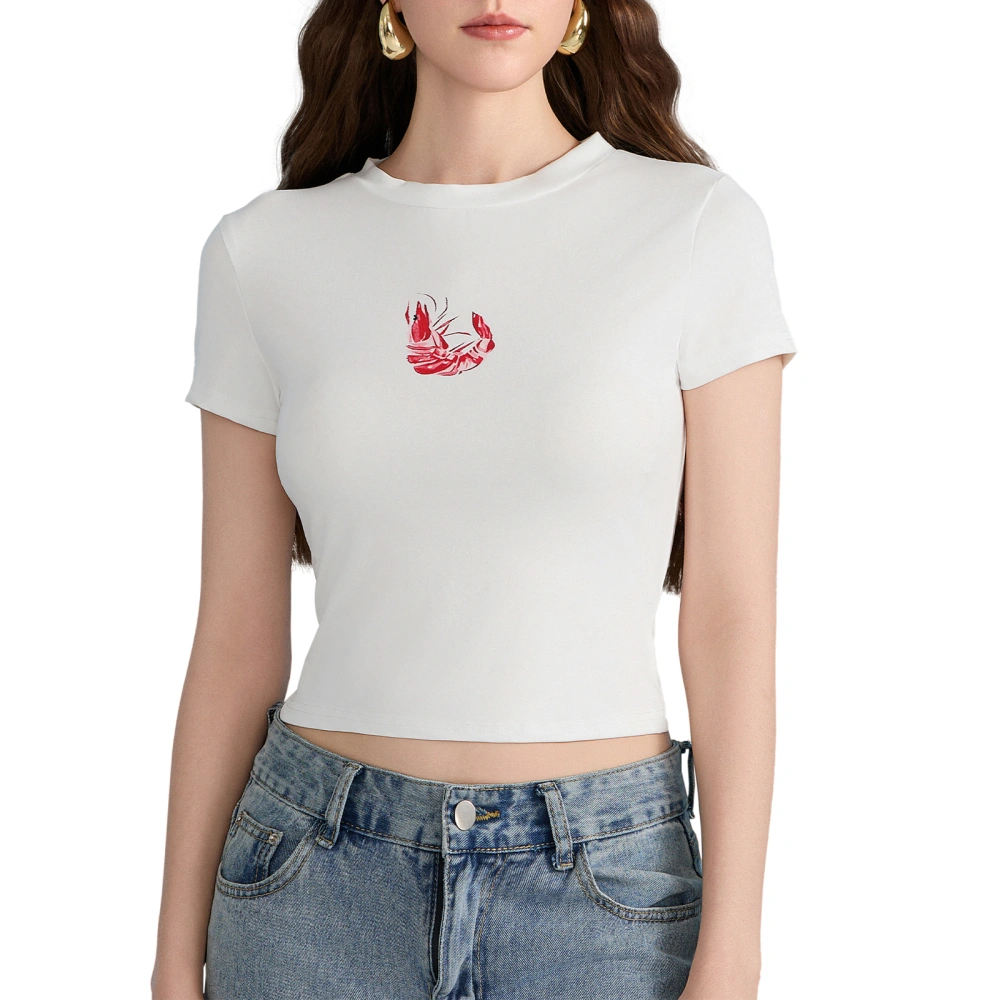 Women T-shirt, Short Sleeve Fish Shrimp Print Slim Fit Summer Tops