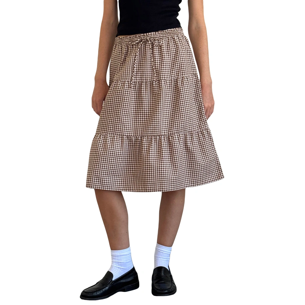 Women's Plaid Midi Skirt Mid Rise Adjustable Tie-Up Skirt for Summer