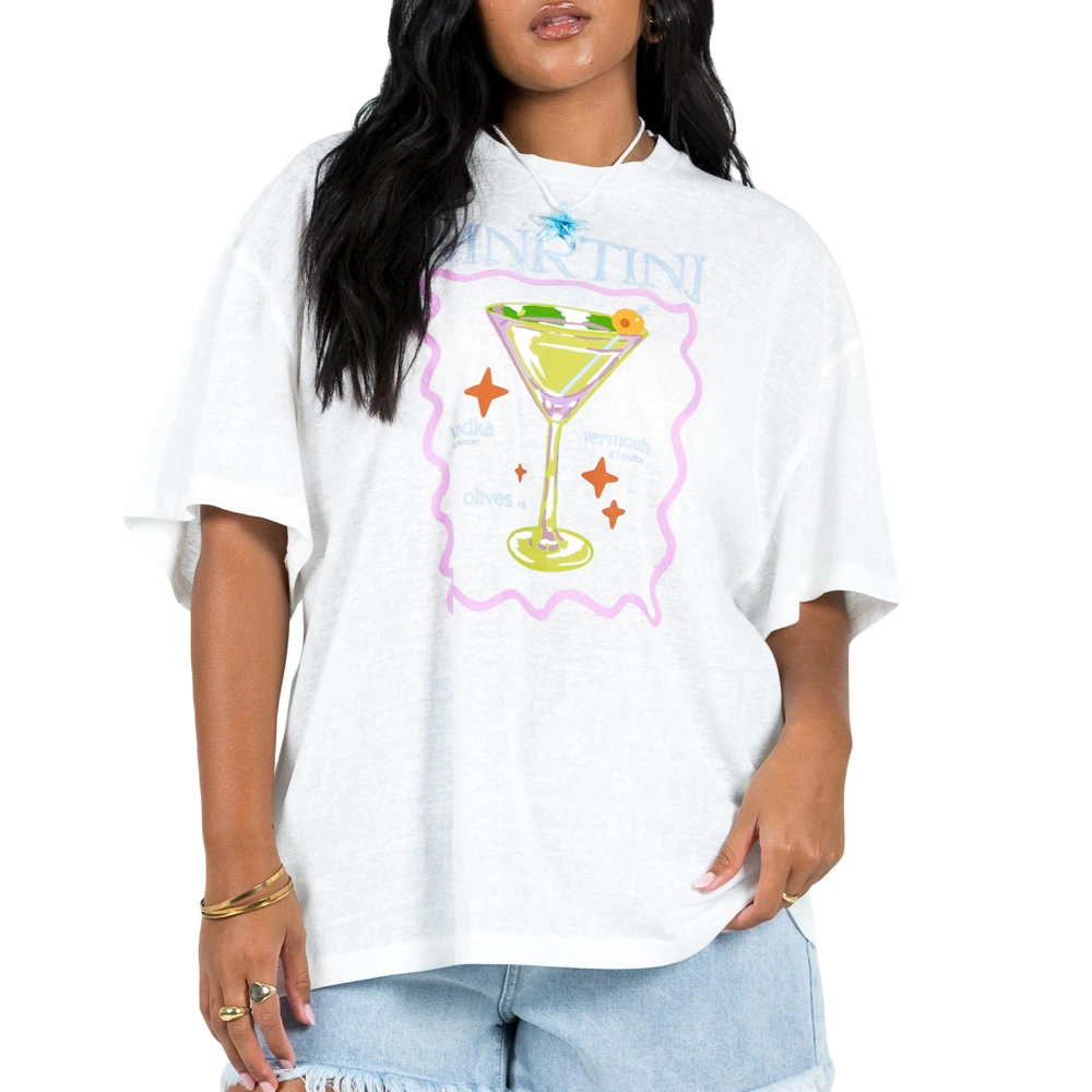 Women Loose T-Shirt Casual Cocktail Glass Print Short Sleeve Tops