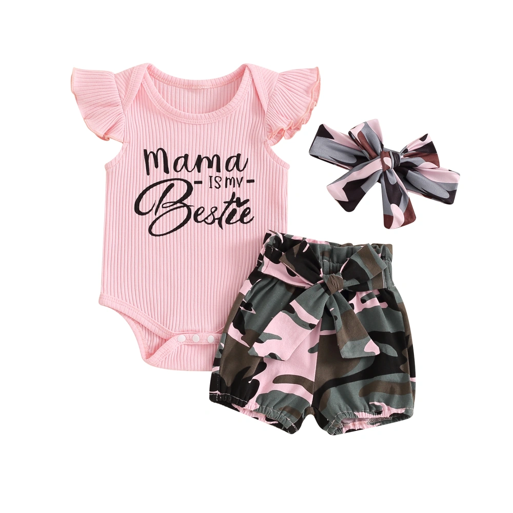 Girls Shorts Sets Flying Sleeve Romper Camouflage Shorts Headband Sets