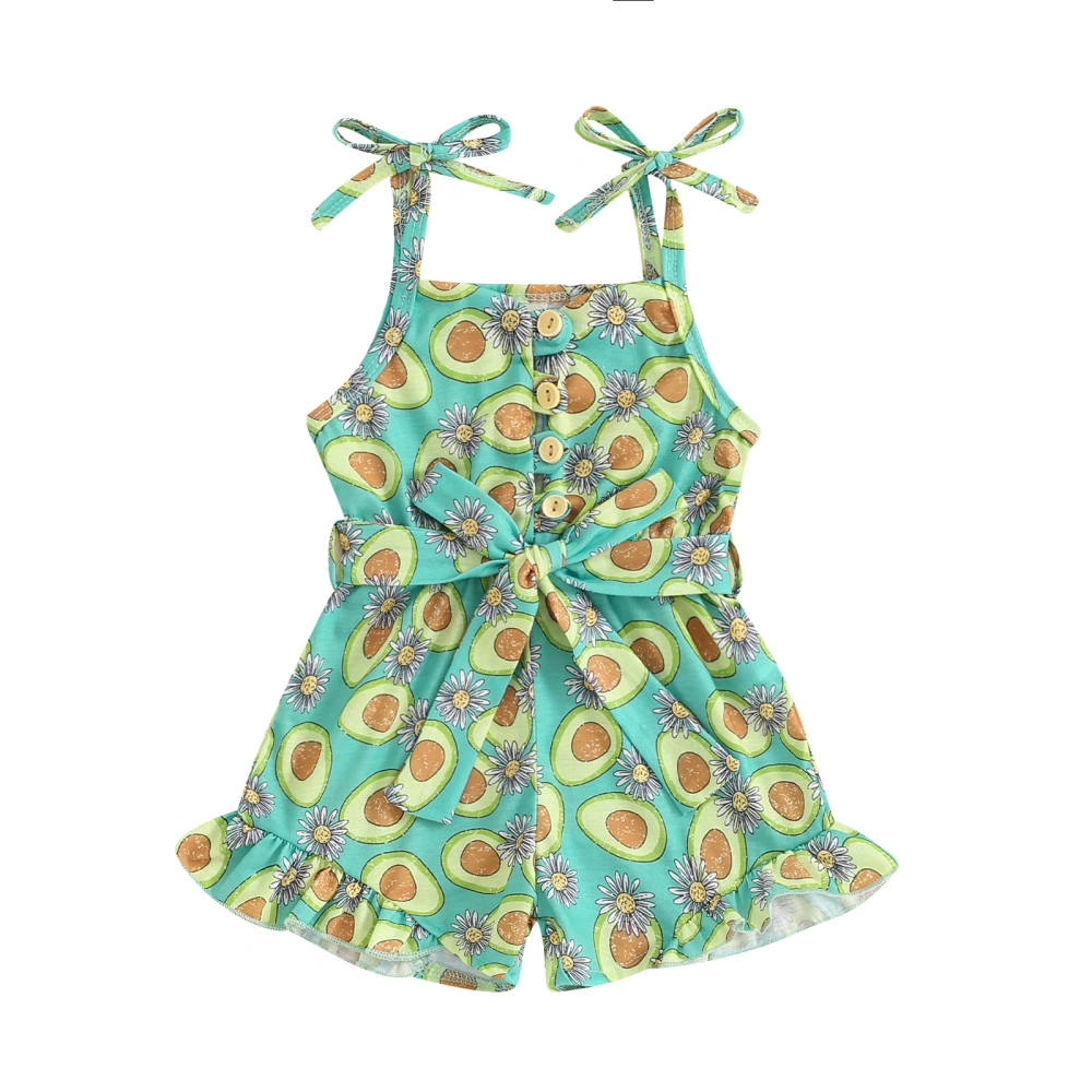 Girls Jumpsuit, Tie-up Spaghetti Straps Avocado Print Romper