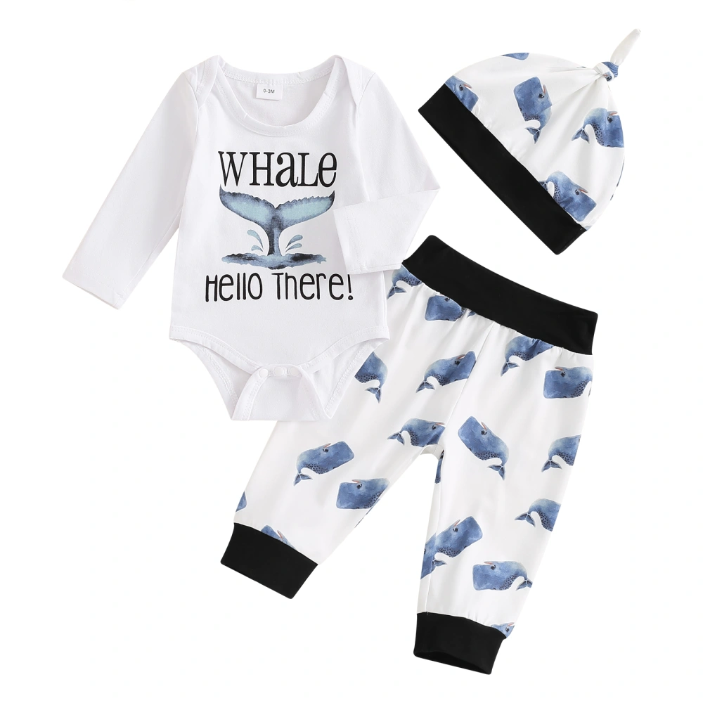 Boys 3PCS Outfit Sets Long Sleeve Romper Whale Print Pants Hat Set