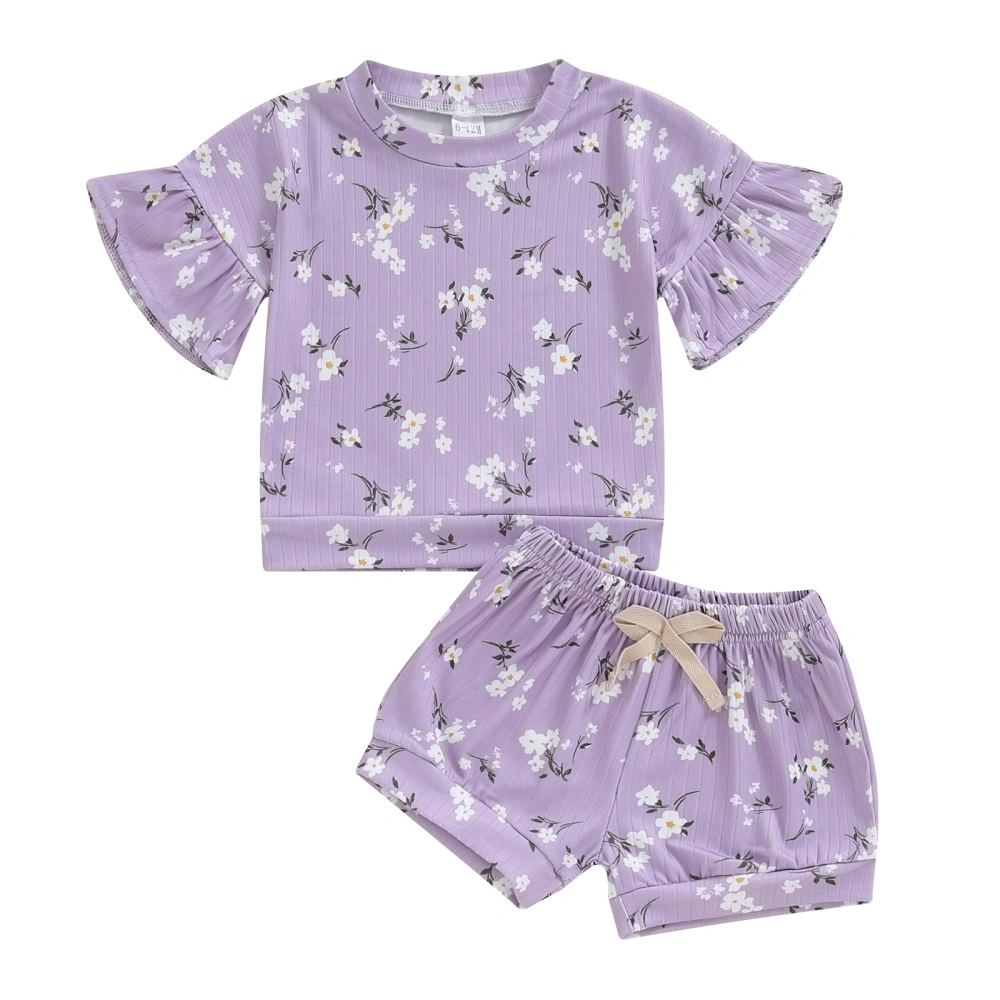 Toddler Girls Summer Outfit Floral Print T-Shirt and Elastic Shorts