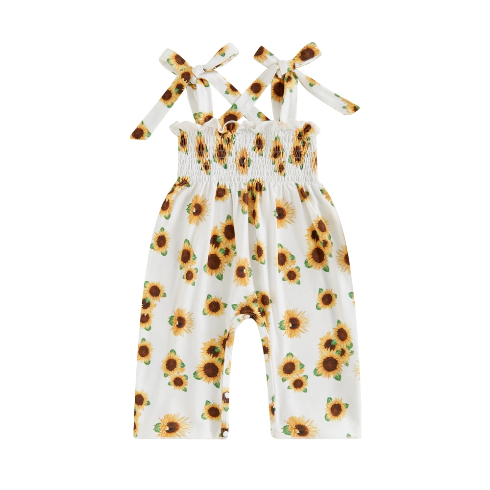 Baby Girls Jumpsuit, Sleeveless Tie-up Pleated Sunflower Print Romper