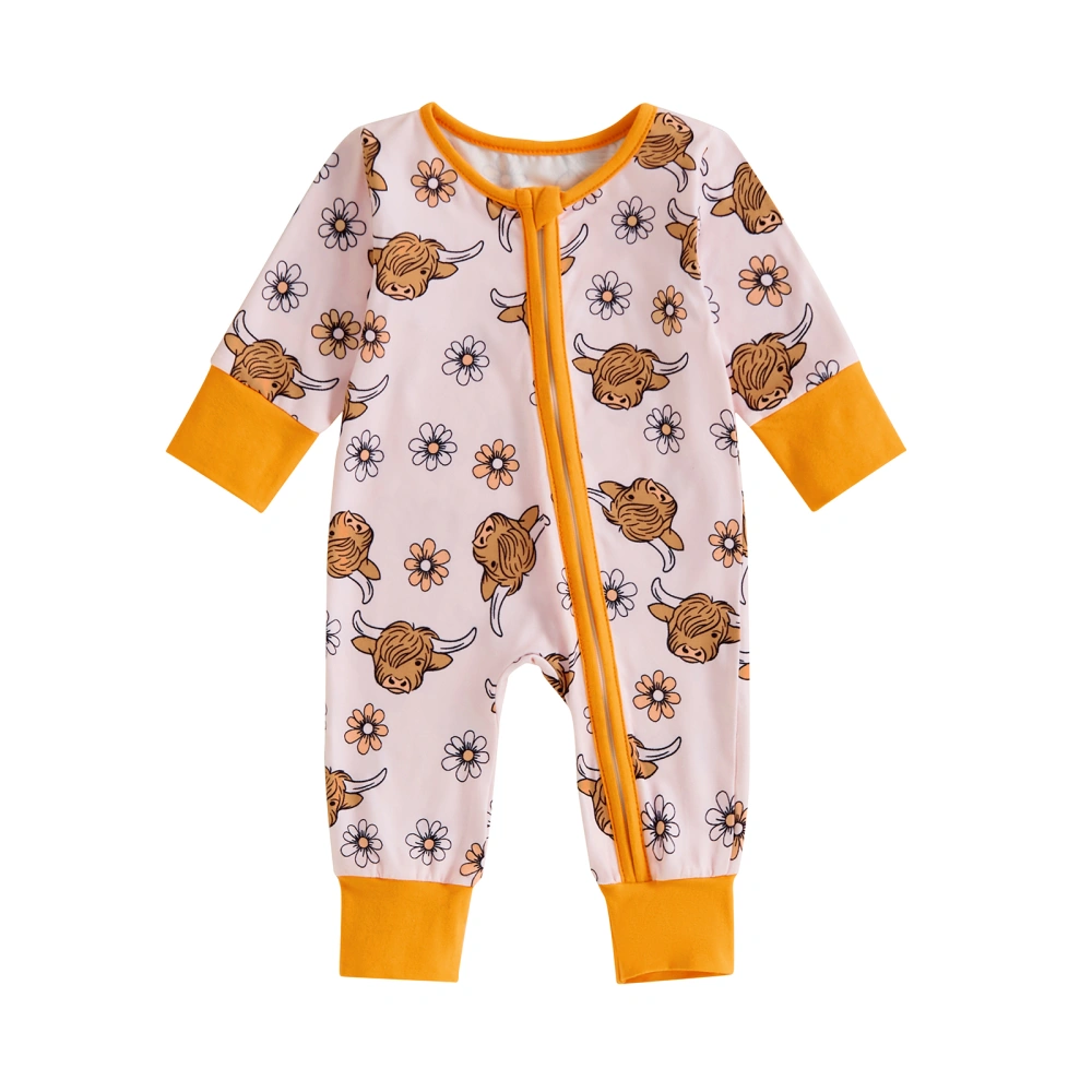 Baby Romper Highland Cow Print Long Sleeve Crew Neck Jumpsuits