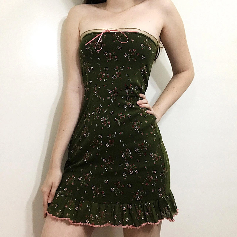 Women Floral Dress, Strapless Backless Pleated Summer Mini Tube Dress