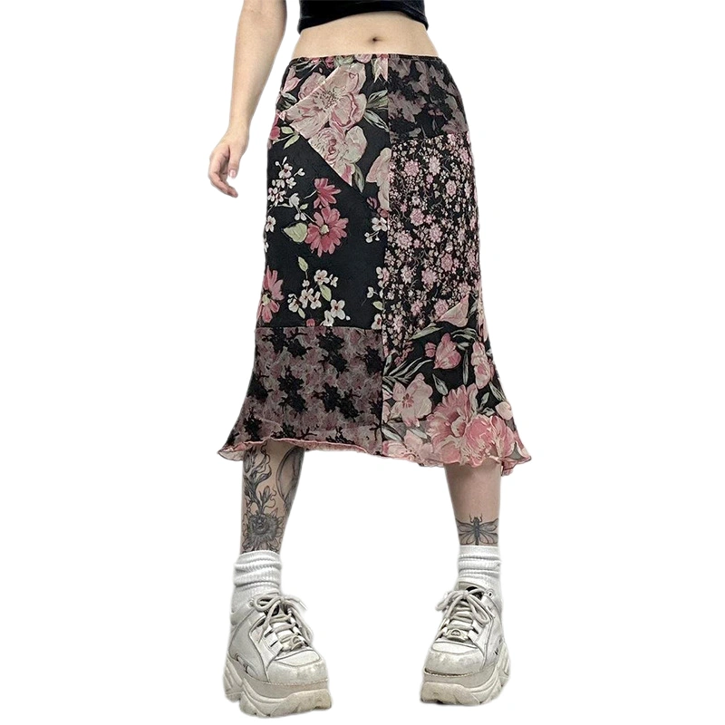 Women's Floral Print Midi Skirt Elastic Waist Lettuce Hem Mesh Skirt