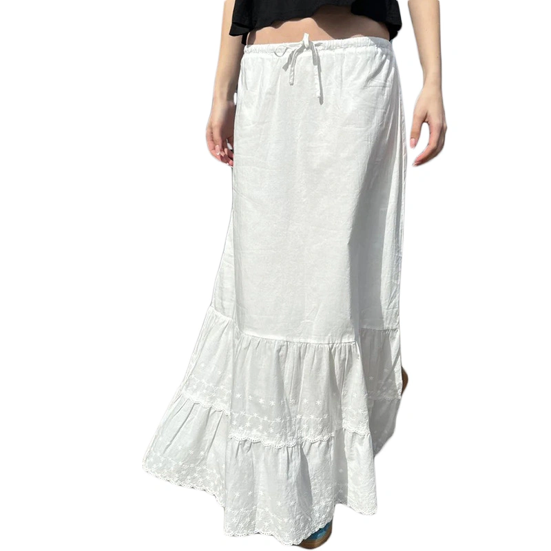 Women's Long Skirt Loose Embroidery Drawstring Tiered Skirt 