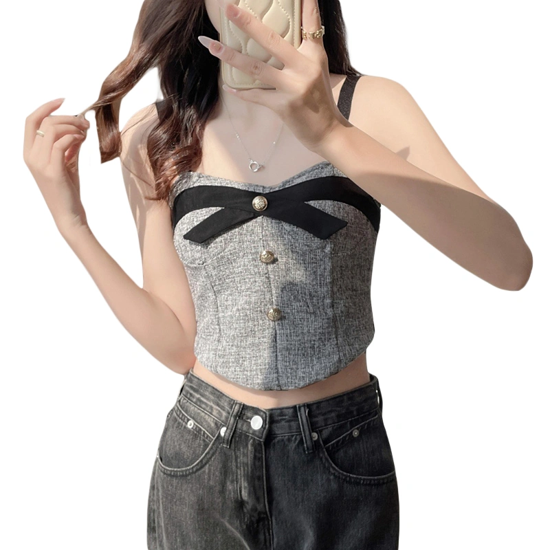 Women's Elegant Slim Camisole Button Front Tweed Cropped Tops