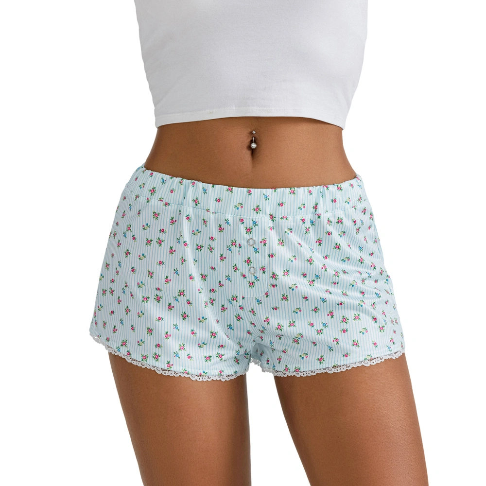 Women Floral Shorts Casual Striped Lace Trim Elastic Waist Short Pants