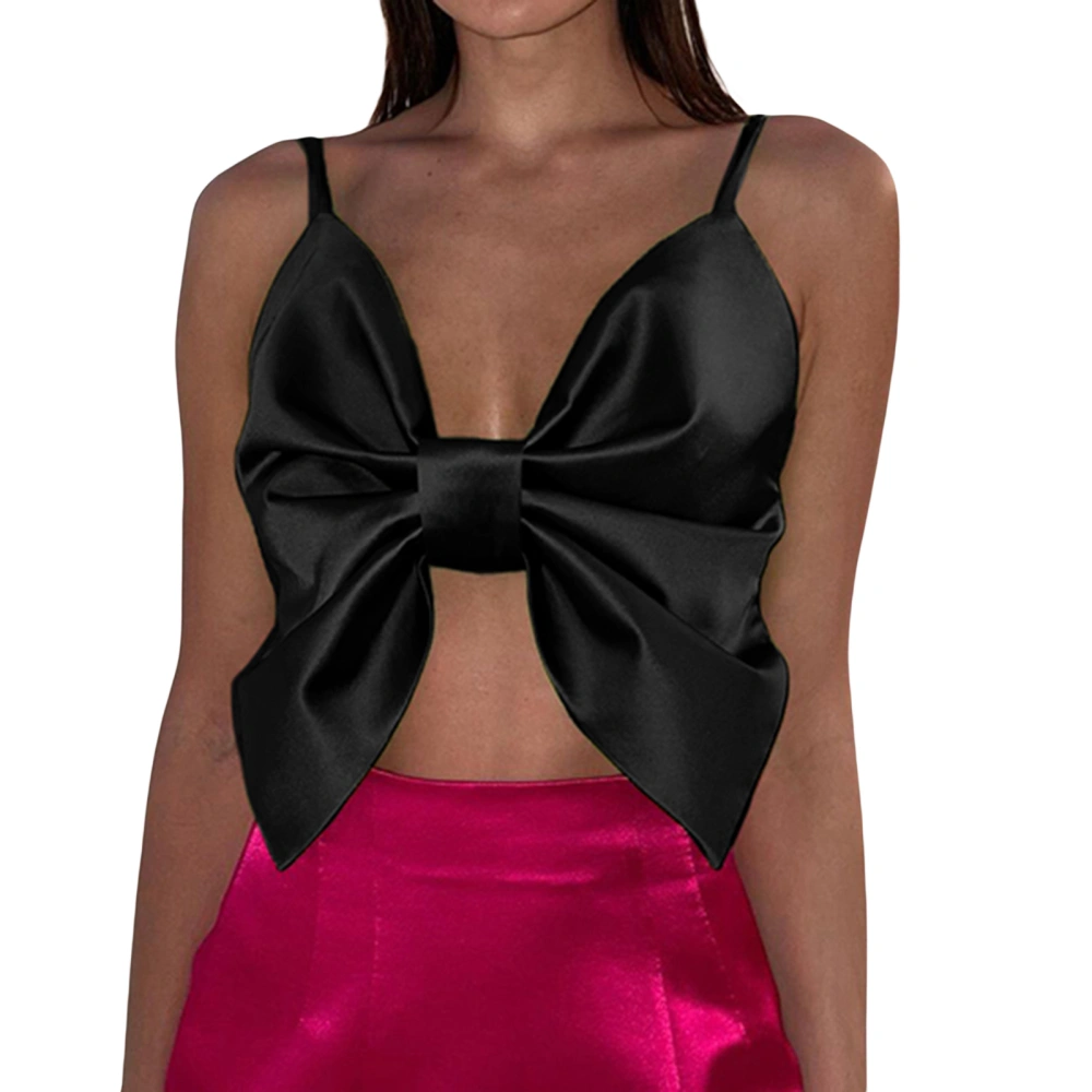 Women's Big Bow Camisole Satin Spaghetti Strap Tie Back Cropped Tops