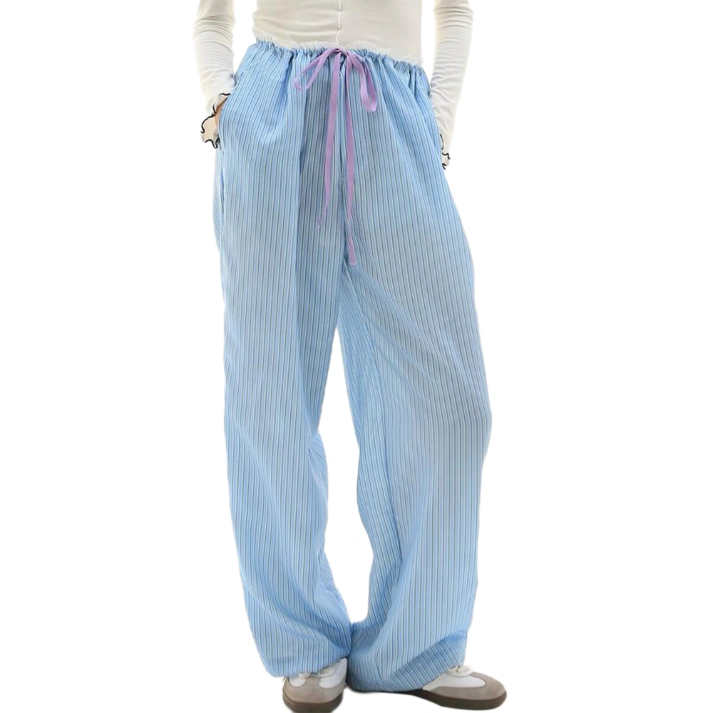 Women Loose Pants Stripe Drawstring Elastic Waist Casual Trousers