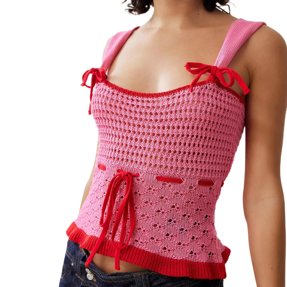 Women's Knit Cami Tops Contrast Color Bow Drawstring Camisole