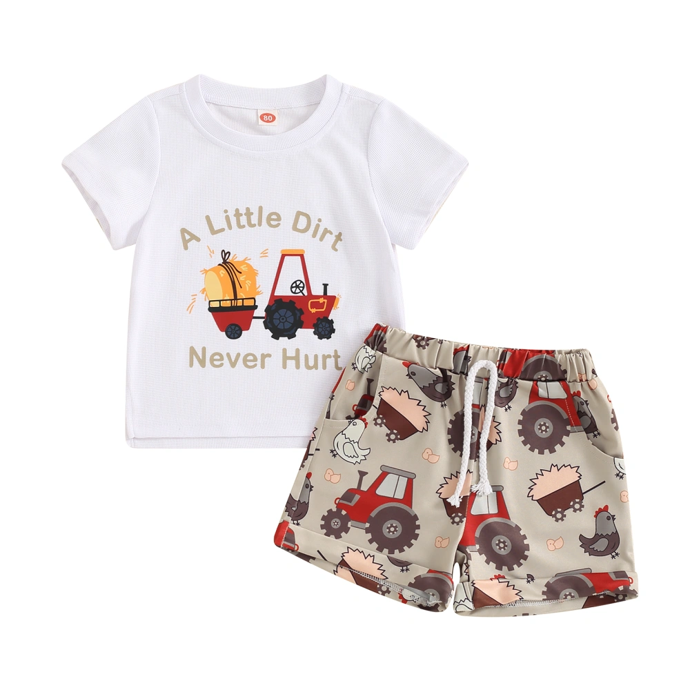 Little Boy Outfit Tractor Print Short Sleeve Tops Elastic Waist Shorts