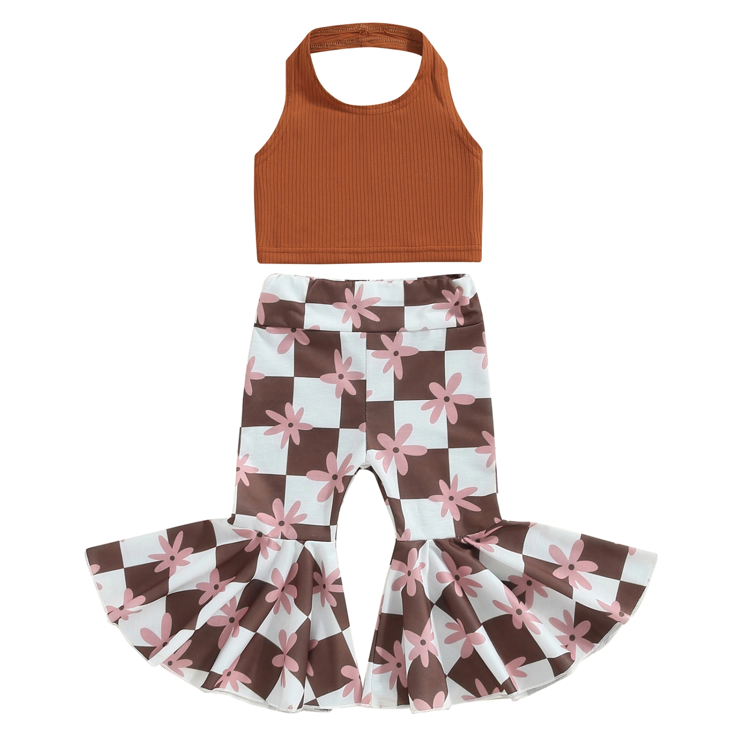 Toddler Girls Flare Pants Set Halter Tops Plaid Floral Trousers Outfit